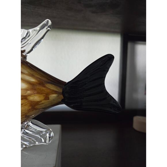 Murano Style Hand Blown Art Glass Fish Amber & Clear Sculpture 11” Vintage - Picture 8 of 10